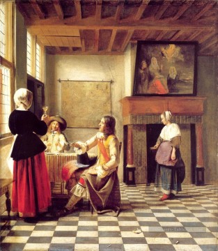 Une femme buvant avec deux hommes et une femme de service genre Pieter de Hooch Peinture à l'huile